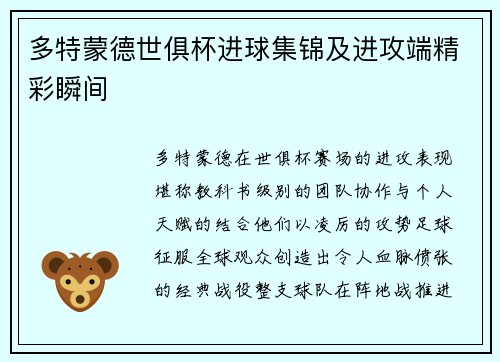 多特蒙德世俱杯进球集锦及进攻端精彩瞬间